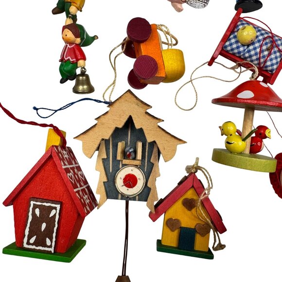 Germany Italy Christmas Ornaments Lot Wooden Handmade Figures Houses Soldier Elf - Picture 3 of 13